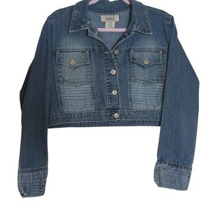 No Fuse 2X Cropped Medium Wash Jean Jacket Y2K Indie Sleaze Moto McBling Denim